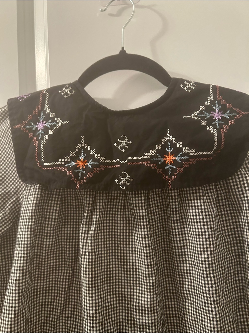 Black Embroidered Collar Check Girls' Formal Dress